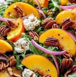 Delicious Millionaire Peach Salad with fresh peaches and colorful ingredients
