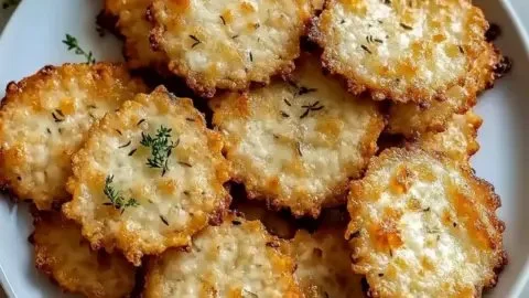 Oven baked cottage cheese crackers on a plate for guilt-free snacking.