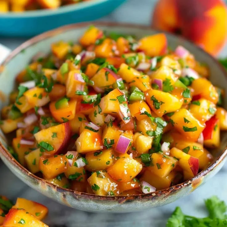 Fresh Peach Salsa with chopped peaches, cilantro, and lime in a bowl