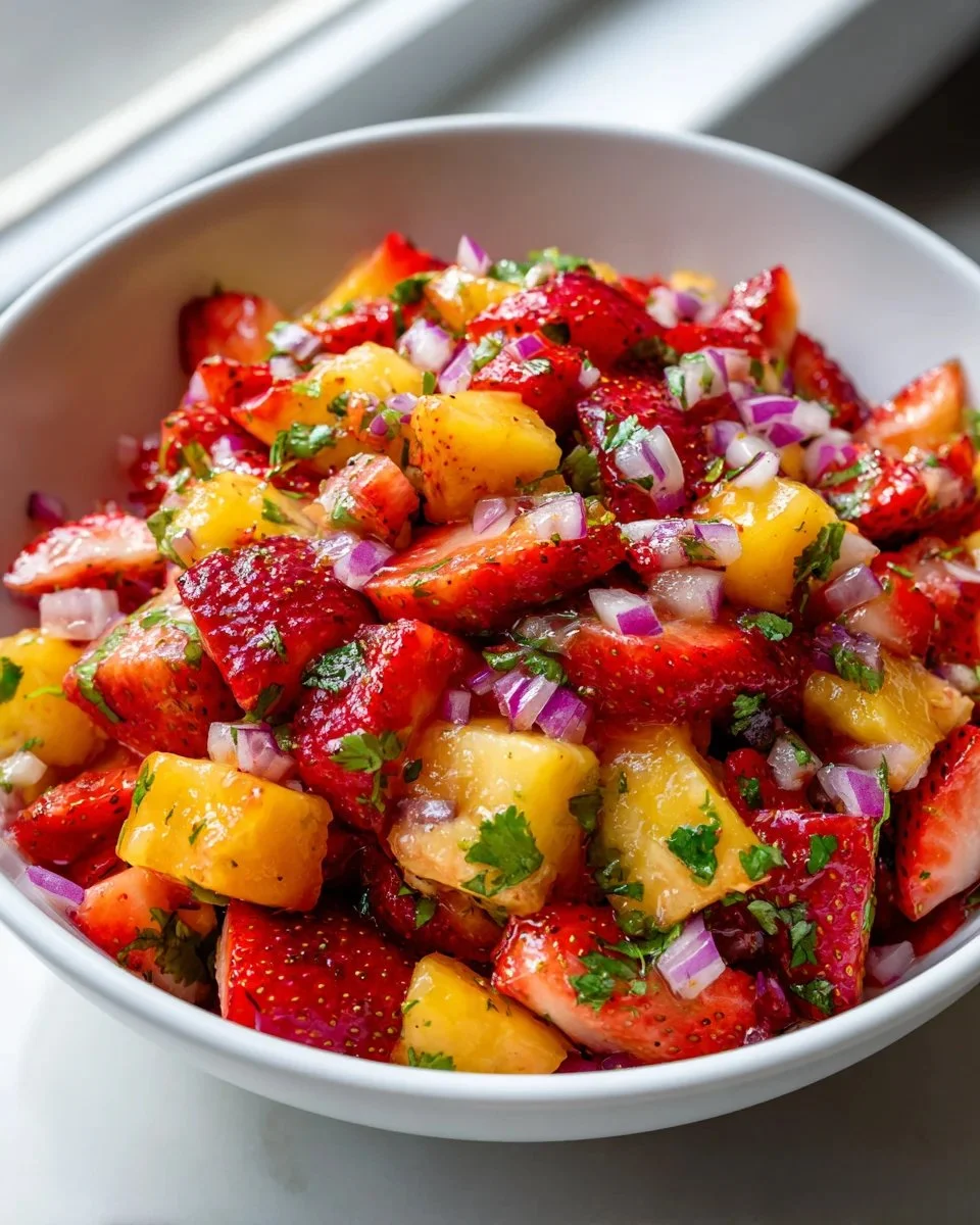 Bowl of refreshing strawberry pineapple mango salsa with colorful fruits