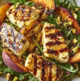 Spicy Hot Honey Halloumi Salad featuring grilled peaches and vibrant greens.