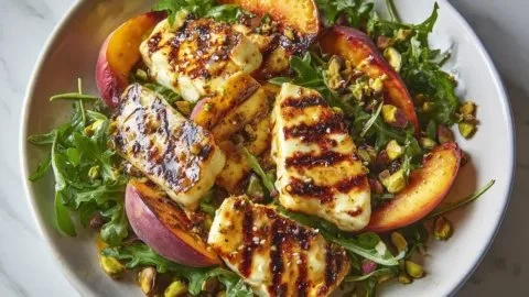 Spicy Hot Honey Halloumi Salad featuring grilled peaches and vibrant greens.