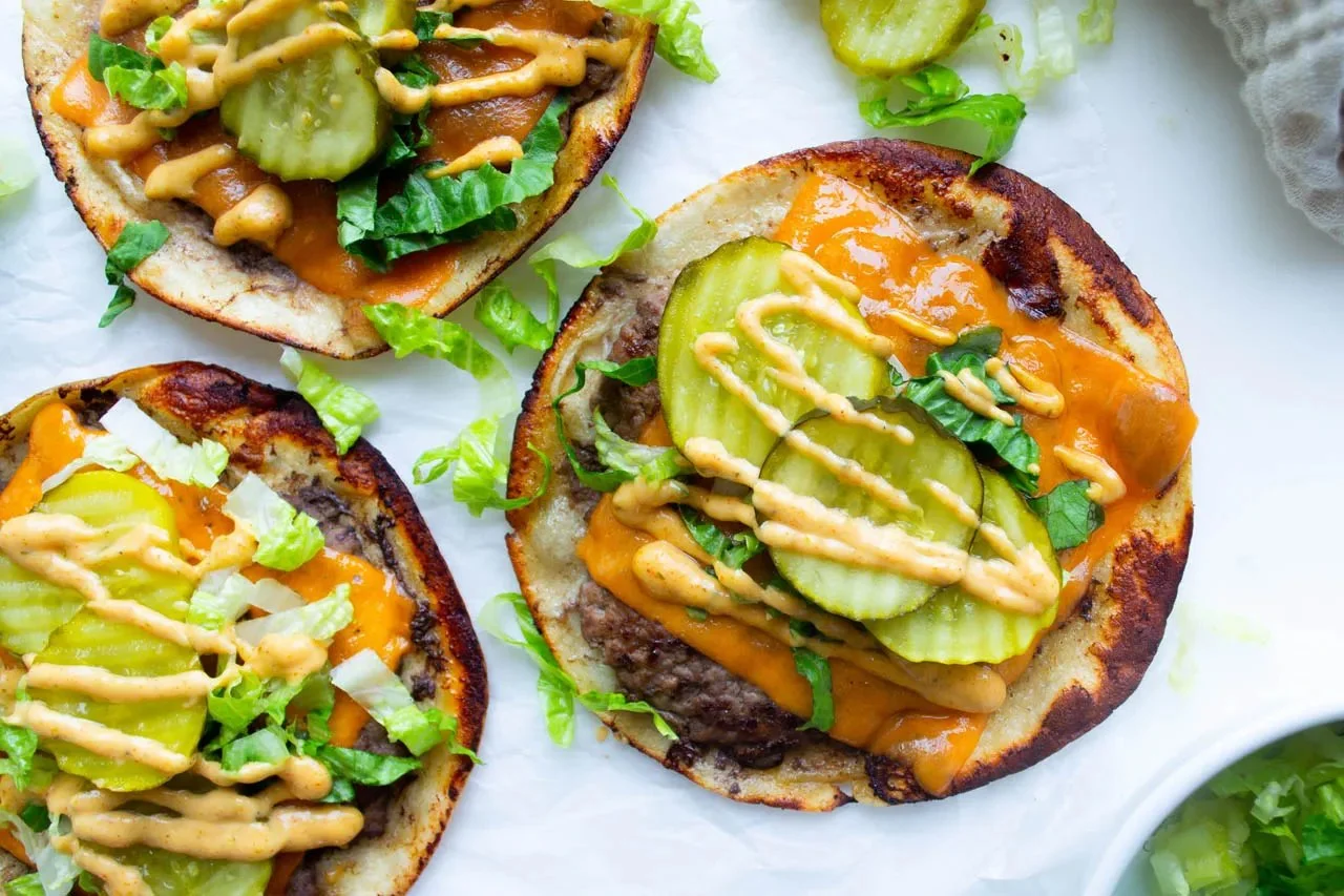 Delicious viral smash burger tacos topped with secret sauce