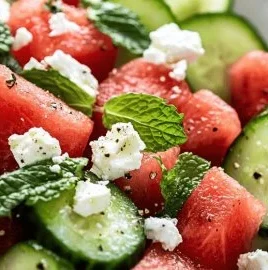 Watermelon and cucumber salad with feta cheese on a plate