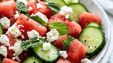 Watermelon and cucumber salad with feta cheese on a plate