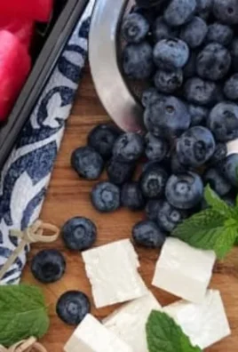 Watermelon feta blueberry bites served on a platter