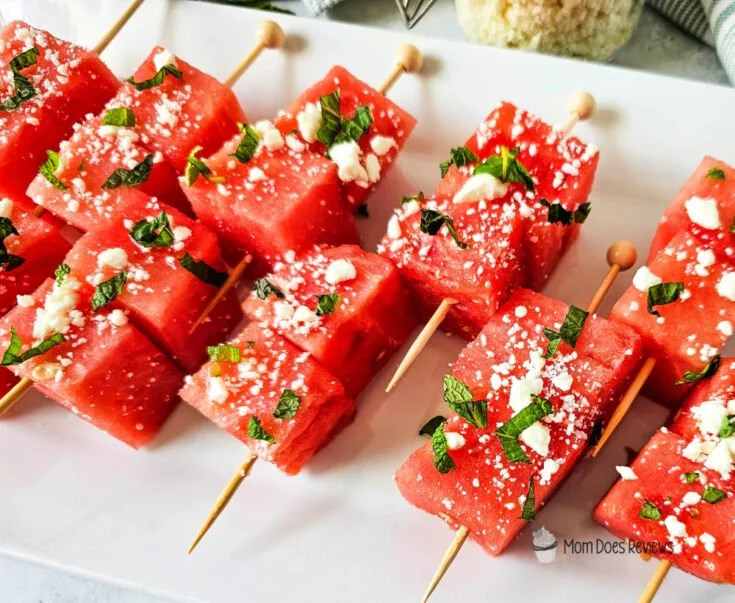 Delicious watermelon feta skewers served on a platter