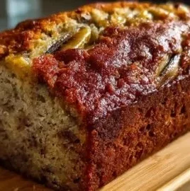 Delicious slice of world's best banana bread on a wooden cutting board