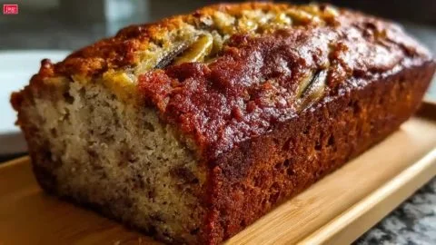 Delicious slice of world's best banana bread on a wooden cutting board