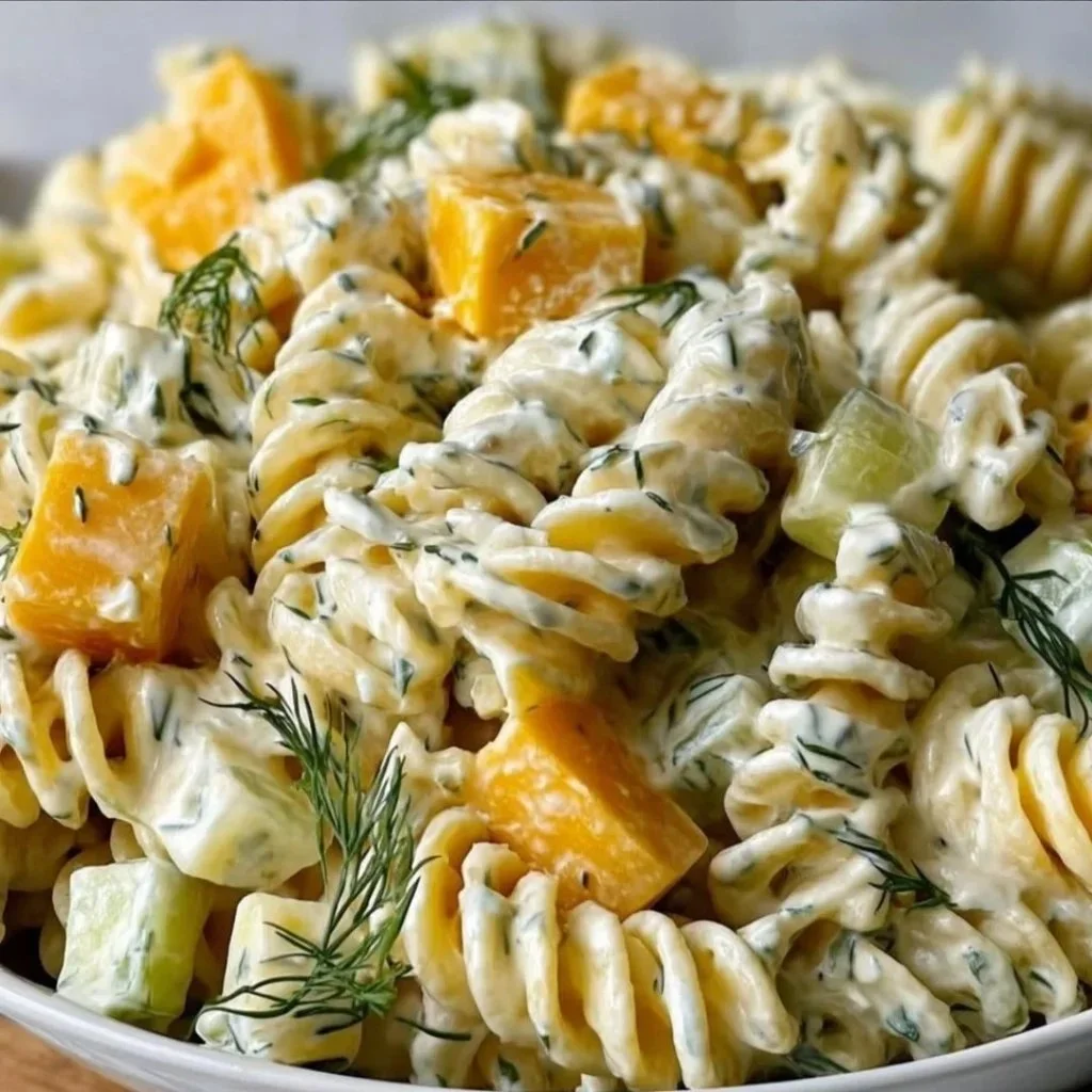 Zesty dill pickle pasta salad served in a bowl, perfect for summer gatherings.