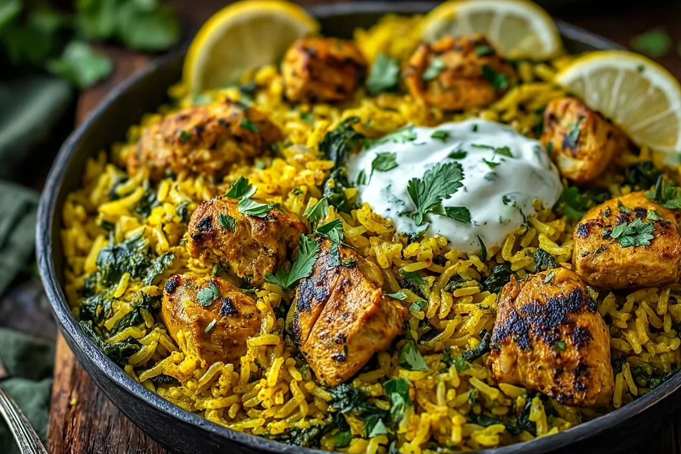 Bowl of anti-inflammatory turmeric chicken served with rice