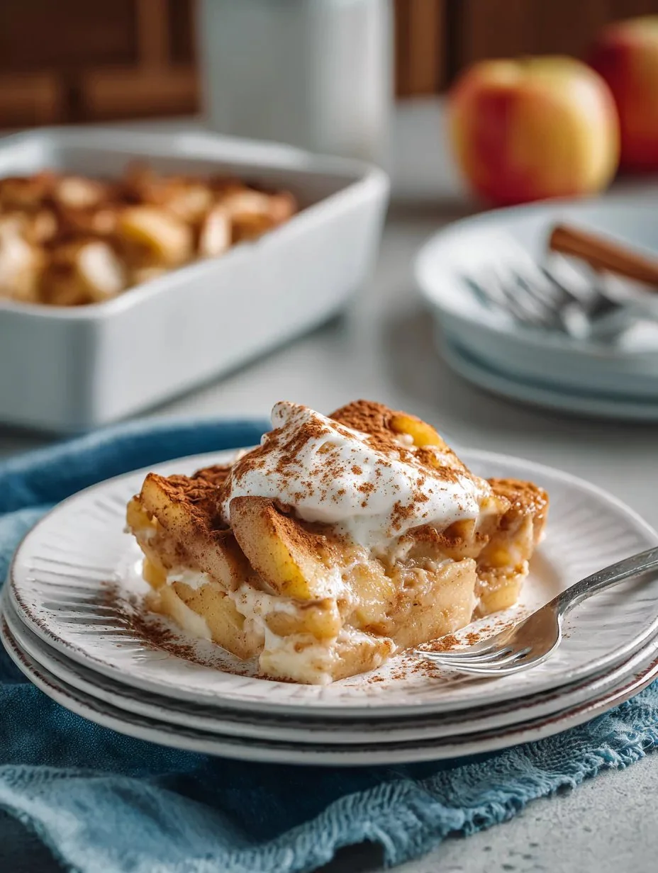 Apple Cinnamon Cottage Cheese Bake served in a dish with a sprinkle of cinnamon on top.