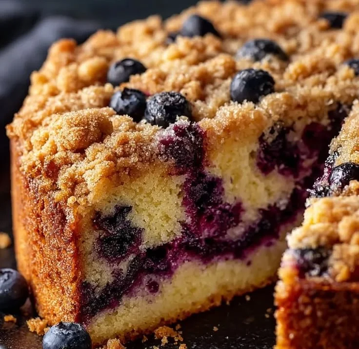 Delicious homemade blueberry coffee cake with fresh blueberries and a crumb topping