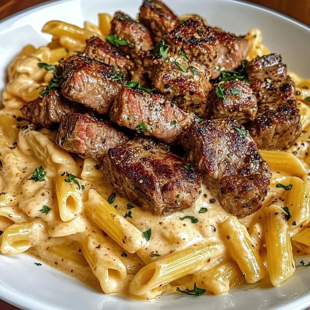Cajun Steak Tips with penne pasta in creamy Parmesan cheese sauce
