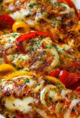 Cheesy baked chicken breast served with colorful bell peppers