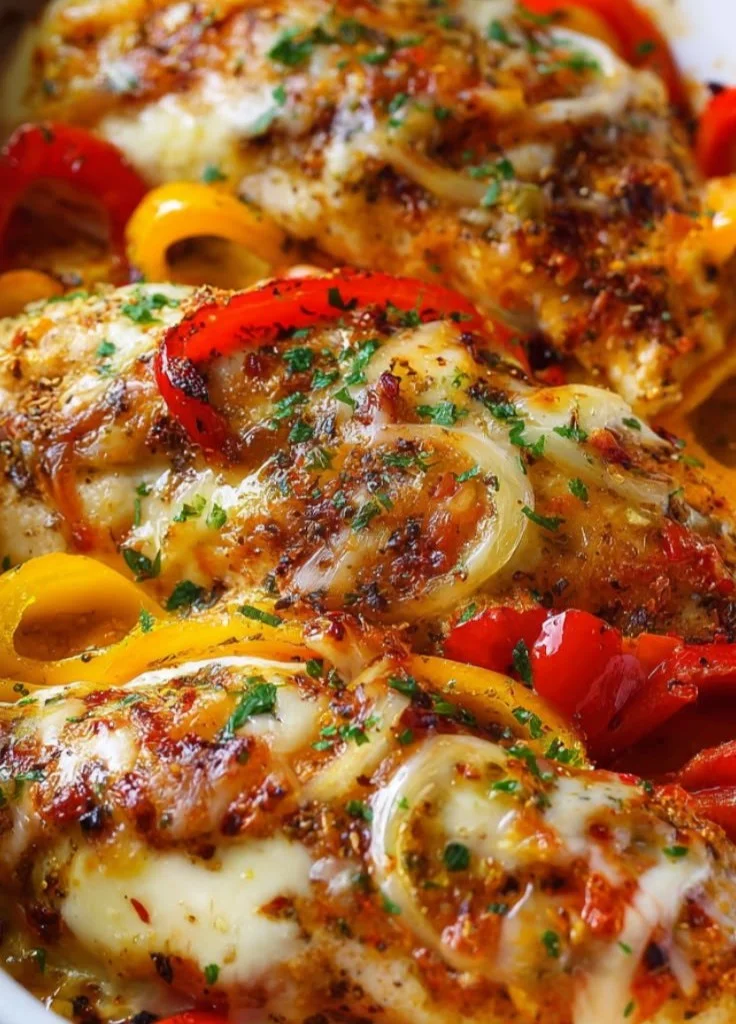 Cheesy baked chicken breast served with colorful bell peppers