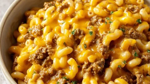 Delicious Cheesy Hamburger Helper in a bowl with melted cheese