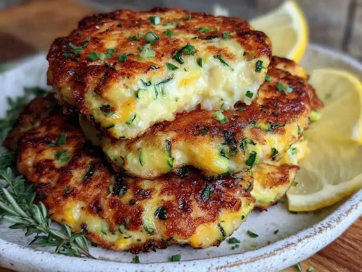 Cheesy zucchini patties served on a plate, garnished with herbs