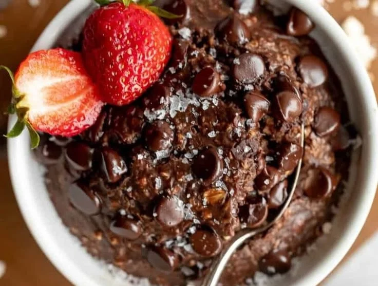 Bowl of chocolate baked protein oats topped with nuts and berries