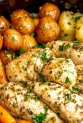 Crockpot garlic herb chicken with veggies in a slow cooker.