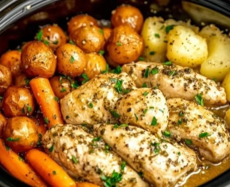 Crockpot garlic herb chicken with veggies in a slow cooker.