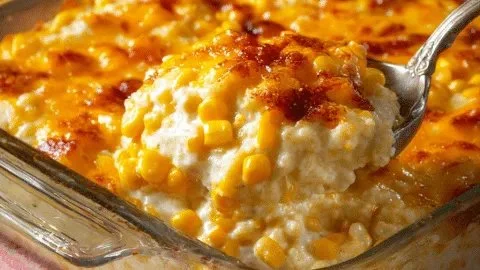 Delicious cream cheese corn casserole served in a dish