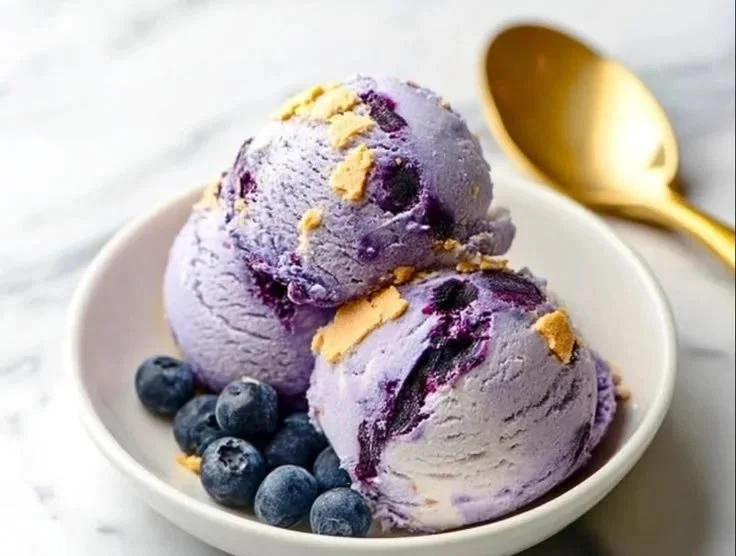 Creamiest Ninja Creami blueberry cheesecake protein ice cream in a bowl