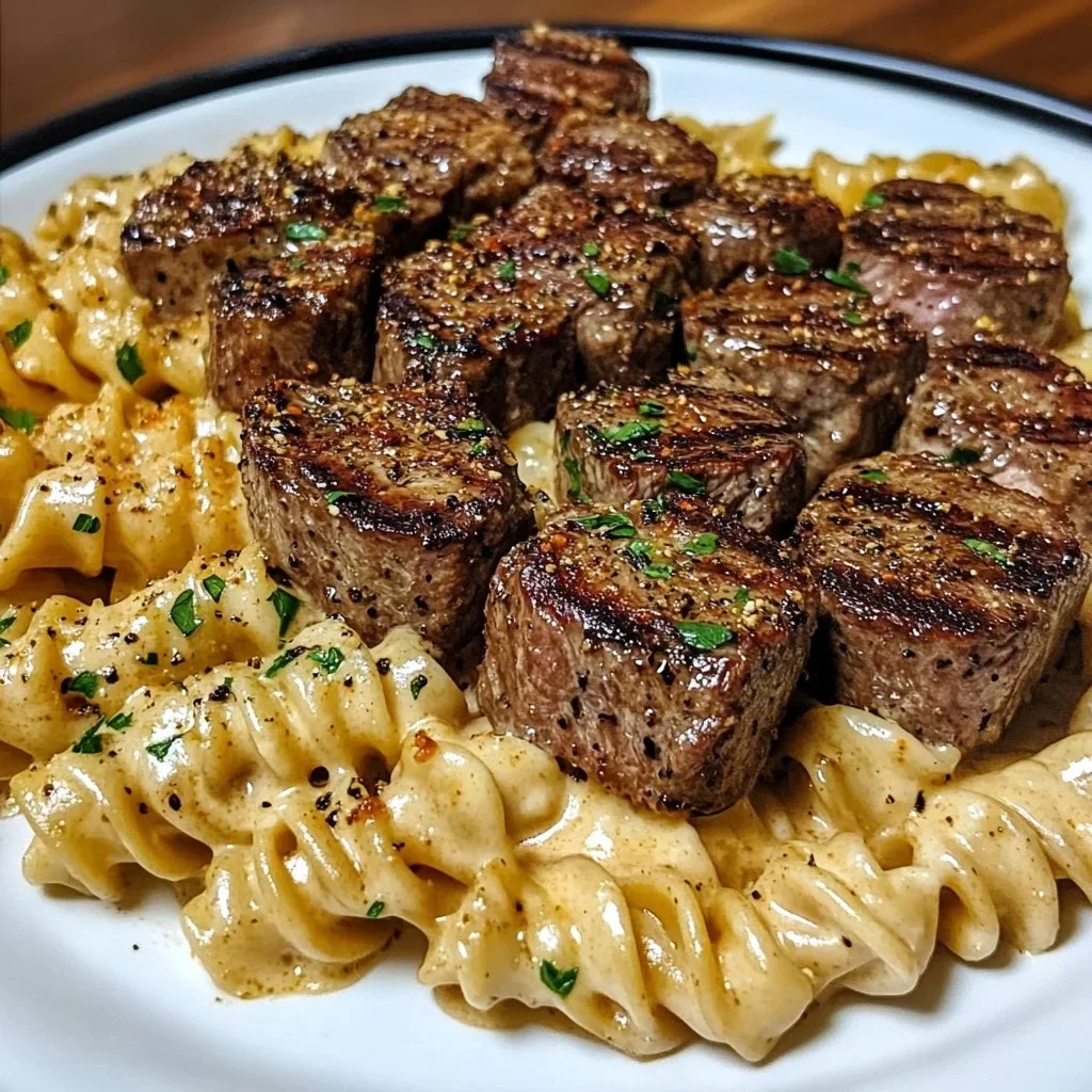 Creamy garlic butter steak bites with spicy Cajun Alfredo twisted pasta dish