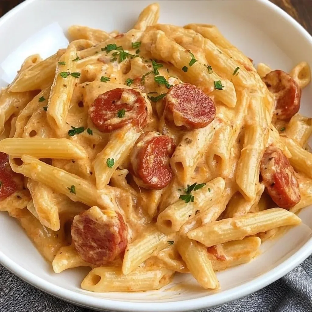 Creamy Kielbasa Pasta served in a bowl with garnish