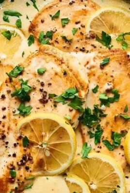 Delicious creamy lemon garlic chicken served on a plate with herbs and lemon slices.