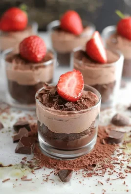 No-bake chocolate cheesecake cups topped with chocolate shavings on a white plate