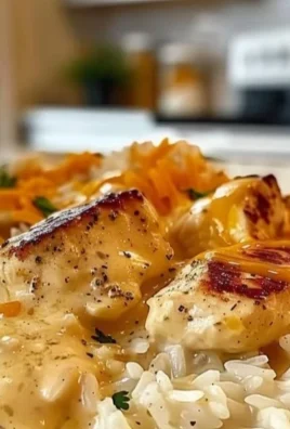 Creamy smothered chicken served with rice, garnished for a delightful meal.