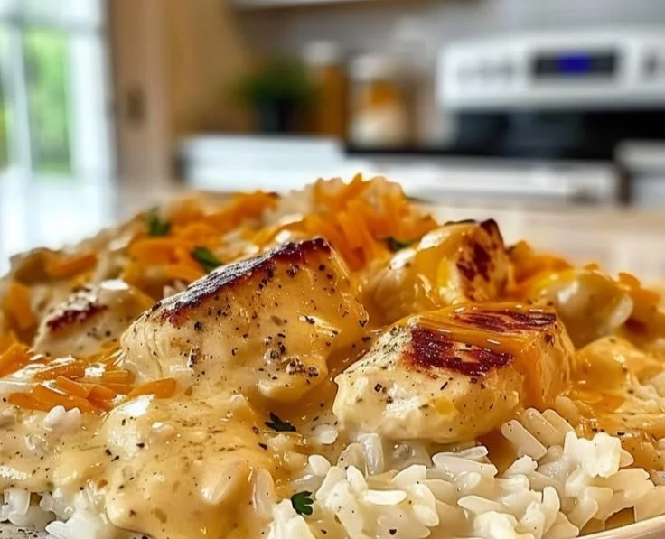 Creamy smothered chicken served with rice, garnished for a delightful meal.
