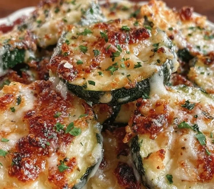 Crispy Garlic Parmesan Roasted Zucchini on a plate garnished with herbs