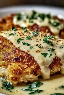 Crispy Parmesan chicken drizzled with rich garlic sauce on a plate.