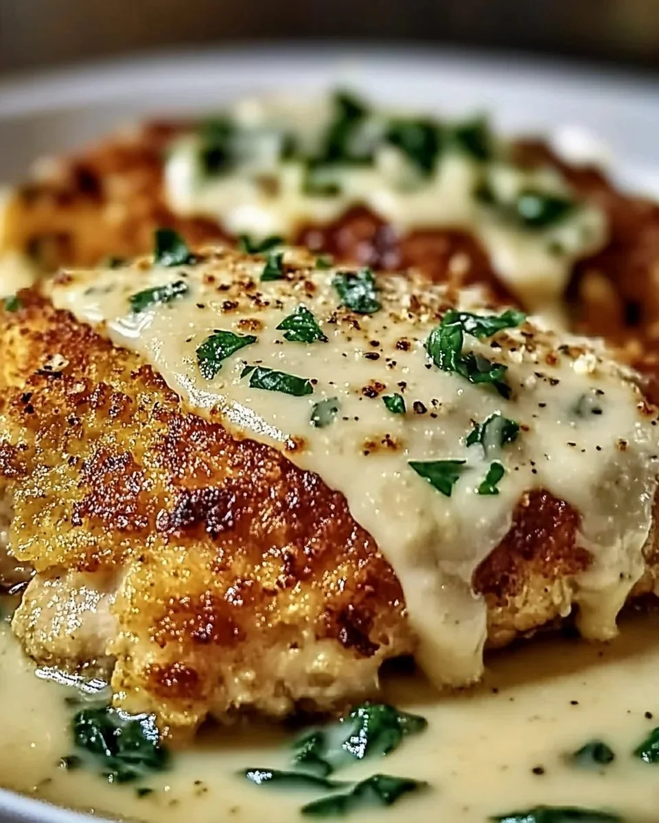 Crispy Parmesan chicken drizzled with rich garlic sauce on a plate.