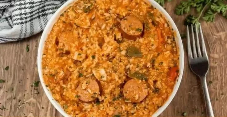 Delicious Crock Pot Jambalaya served in a bowl with shrimp, sausage, and vegetables