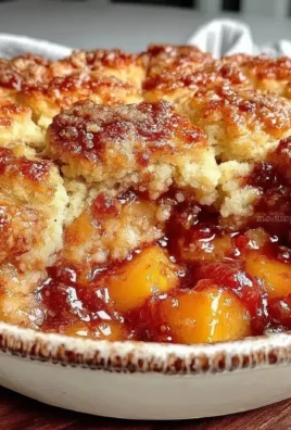 Fresh peach cobbler with brown sugar biscuit topping served in a baking dish.