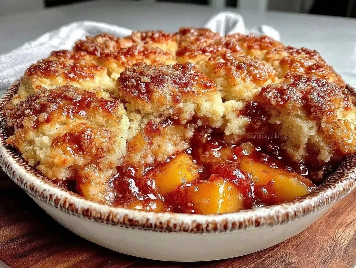 Fresh peach cobbler with brown sugar biscuit topping served in a baking dish.