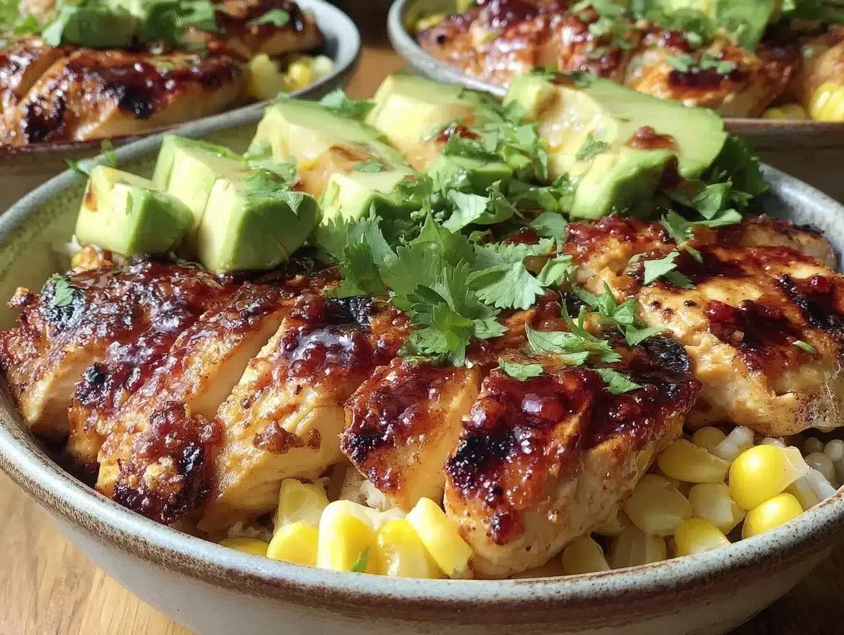 Delicious grilled chicken bowls with avocado and corn, perfect summer meal.