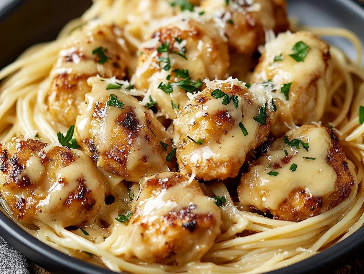 Delicious garlic butter chicken bites served with creamy parmesan pasta.