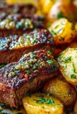 Garlic butter steak served with roasted potatoes, garnished with herbs.