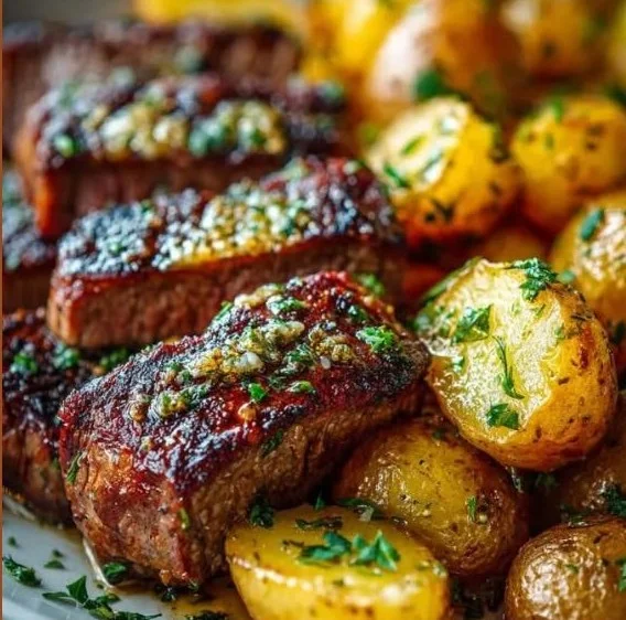 Garlic butter steak served with roasted potatoes, garnished with herbs.