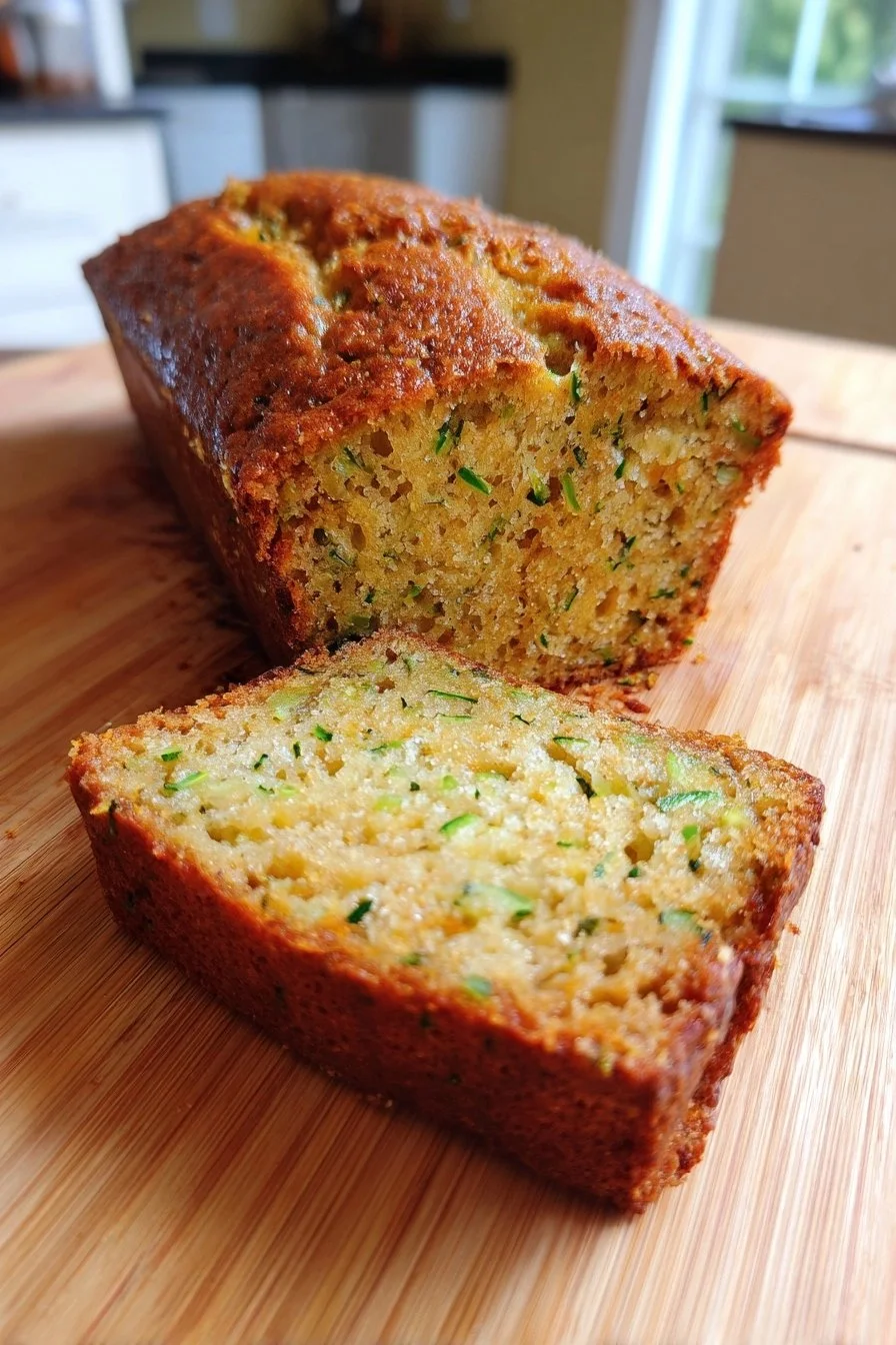 Loaf of moist zucchini bread on a wooden cutting board with slices cut.