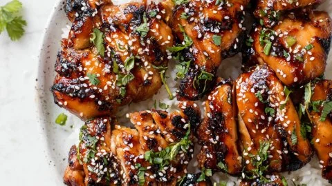 Delicious grilled Asian chicken served with fresh herbs and vegetables