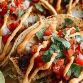 Delicious grilled fish tacos topped with smoky chili rub and creamy spicy mayo