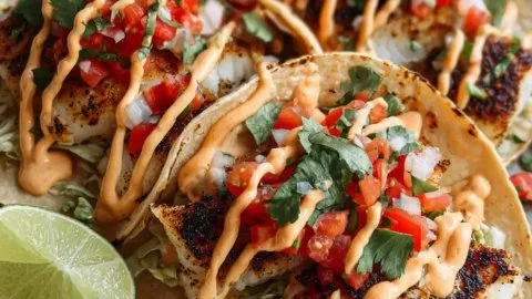 Delicious grilled fish tacos topped with smoky chili rub and creamy spicy mayo
