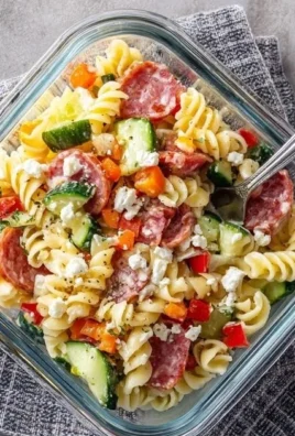 High-protein Italian pasta salad loaded with vegetables and protein-rich ingredients.