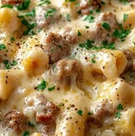 Creamy Italian sausage rigatoni served in a bowl, garnished with parsley.