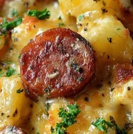 Kielbasa sausage cheesy potato casserole served in a baking dish